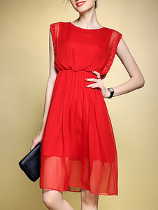 Longueur de Midi robe sans manches en mousseline de soie été patineuse