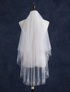 Du bout des doigts mariage voiles à deux paliers Tulle bordure perlée classique voiles avec Comb(140