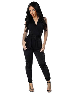 Col en v sans manches Sash Backless Jumpsuit