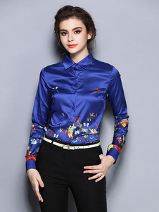 Blouse casual bleu en micro-fibres impression avec bouton vêtements journaliers