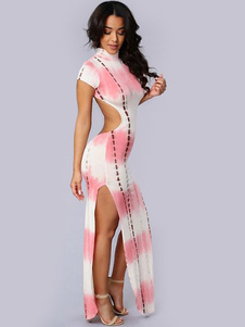 Séduisante robe de club en acétate de cellulose fendu impression creusé col rond