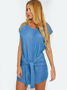 Robe élégente bleue droite style western en denim avec lacets col rond