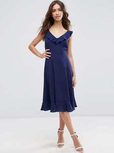 Robe longue bleue unicolore en acétate de cellulose à volants col V