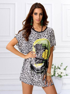 Éblouissante mini Robe noir en spandex imprimé animal avec ceinture col rond