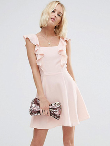 Magnétique mini Robe nude unicolore en acétate de cellulose à dos décolleté avec volant vertical à b