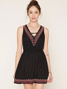 Fascinante mini Robe en acétate de cellulose impression froissé avec lacets col V