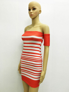 Fascinante Robe bodycon rouge en spandex hors de l'épaule avec rayure