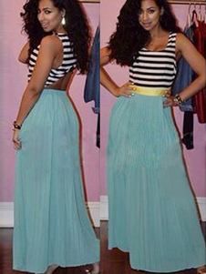 Robe longue bleue ciel claire en chiffon color-block creusé col rond