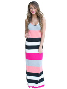 Robe longue rose en spandex color-block sans ornement avec col U