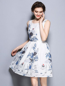 Robe blanche fascinante skater mode en chiffon impression vêtements journaliers sans ornement col ro