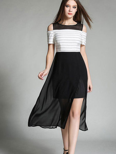 Robe longue noire bicolore en chiffon à demi-transparence fendu col rond