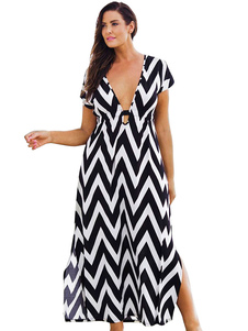 Robe longue noire en polyester à zigzags creusé col V manche unique