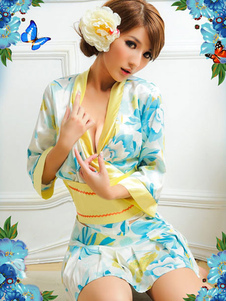 Bleu Kimono Costume Polyester Floral imprimé plongeant robe et T-back deux pièces de la femme