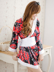 Kimono noir féminin Floral imprimé Polyester robe et T-2 pour le dos