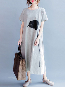 Attrayante robe droite casual en coton gris clair impression surdimensionné imprimé fleuri col rond