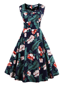 Sweetheart Cap Sleeve imprimé robe Vintage