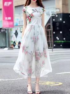 Robe longue blanche en polyester impression style de faux deux-pièces avec bouton col rond