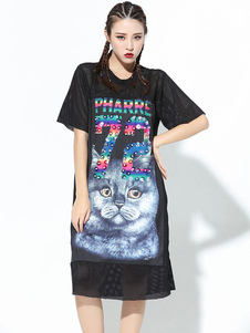 Manches courtes Maj noir robe femme imprimé robe chemise Net