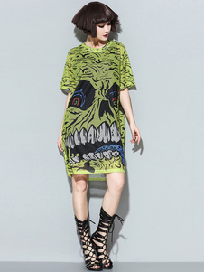 Robe fascinante jaune droite mode en voile de tulle impression vêtements journaliers avec filets col