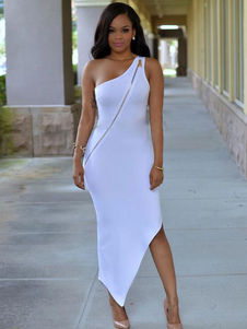 Robe fascinante bodycon en polyester à une épaule unicolore avec zip irrégulier