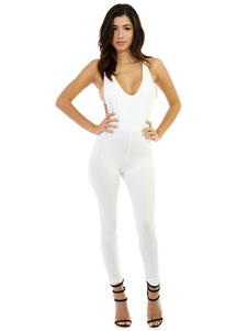 Couleur unie bretelles col en v dos nu Jumpsuit