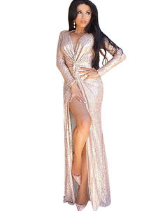 Couleur unie manches longues Split paillettes robe de Club