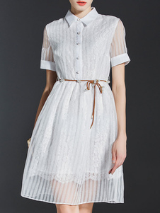 Chic robe skater mode en crêpe unicolore à demi-transparence plissé colet revers