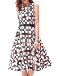 Magnétique robe vintage noire rétro longueur genou écossaise plissée col rond moulante quotidienne