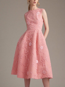 Robe évasée rose Crewneck fleur plissée brodée robe de la femme sans manches Organza