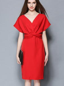 Robe d’été rouge v-Neck taille femmes plissée longueur genou robe de coton mélange