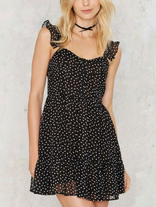 Bretelles robe d’été Scoop lombes Ruffles Zipper décoration en mousseline de soie robe courte pour l