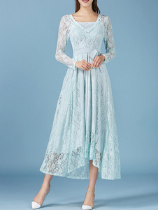 Dentelle robe d’été longue sans manches bleu semi Sheer col en v Maxi robe pour femmes