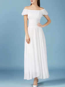 Robe manches courtes de couleur unie des femmes en mousseline de soie au large de l’épaule Summer Ma