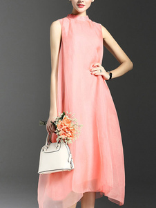 Femmes Shift robe sans manches Stand collier rayonne couleur unie robe d’été