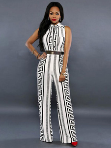 Stand collier sans manches imprimée bicolore Jumpsuit