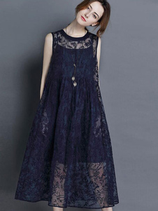 Robe longue en dentelle unicolore vêtements journaliers avec dentelle col ras du cou