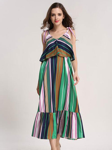 Robe d’été sangle femmes Tiered Ruffle Stripe Sunshine Dress