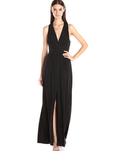 Robe longue noire en spandex unicolore moulant creusé col V