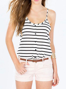 Charmant débardeur féminin casual blanc avec rayure et bouton à bretelles vêtements journaliers sans