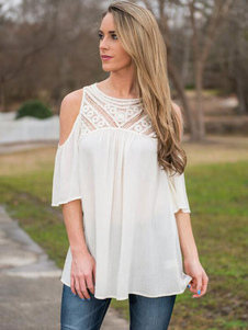 Blanc Blouse dentelle épaule Open Top féminines