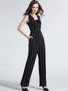 Attrayante combinaison féminine style européen noire avec rayure et ceinture street style