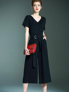 Populaire combinaison féminine style européen noire unicolore avec poches street style