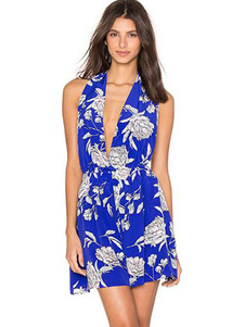 Belle combinaison style européen bleue imprimé fleurie avec lacets street style