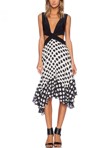 Polka Dot robe d’été Sexy plongée cou découpe robe asymétrique