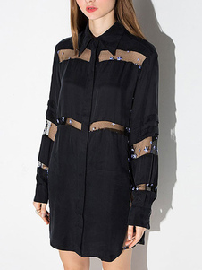 Chemise noire robe Insert transparent manches longues Boyfriend Maj