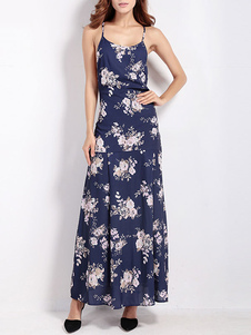 Sangles robe de robe longue dos nu florale impression Sexy Beach