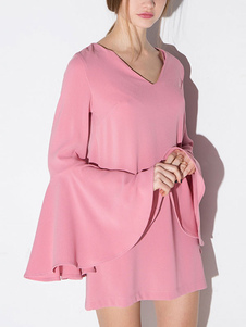 Manches longues rose robe V Neck volants Midi Shift robe d’été