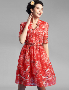 Patineur de v-cou robes manches moitié glissière au dos en mousseline de soie robe ceinture