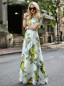 Manches courtes imprimé Floral Maxi été longue robe blanche
