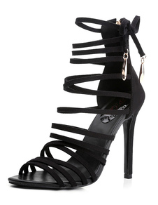 Sandales à talons aigus noir en vogue gladiateur en micro-fibres